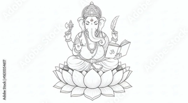 Fototapeta Elegant Ganesha Drawing Line art illustration of the Hindu deity seated on a lotus, symbolizing wisdom, prosperity, and new beginnings.