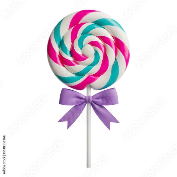 Fototapeta Colorful swirl lollipop with purple ribbon bow isolated on transparent background