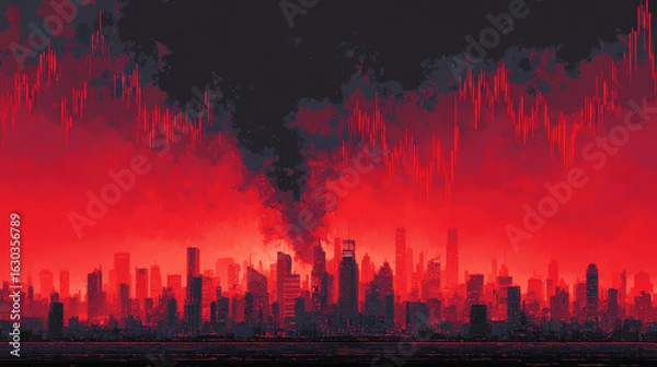 Fototapeta City skyline reflects dramatic economics recession analysis with red tones and rising graphs