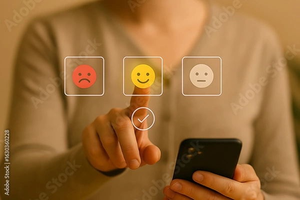 Obraz Customer selects a happy face emoji on a touchscreen interface