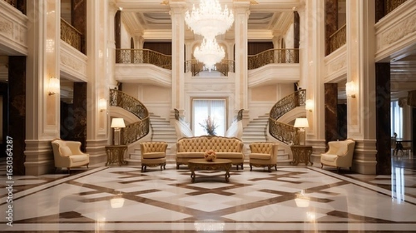 Fototapeta A spacious luxury hotel entrance hall with high ceilings, white marble floors, warm walnut wood panel walls, a massive crystal chandelier, and plush seating areas in muted cream tones, full frame,