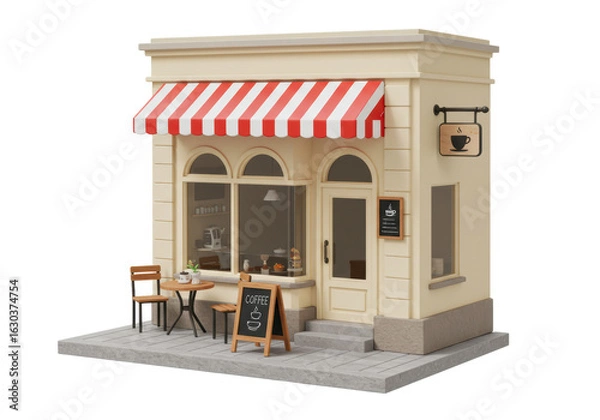 Obraz Isolated Quaint Coffee Shop Facade with Outdoor Seating and Awning