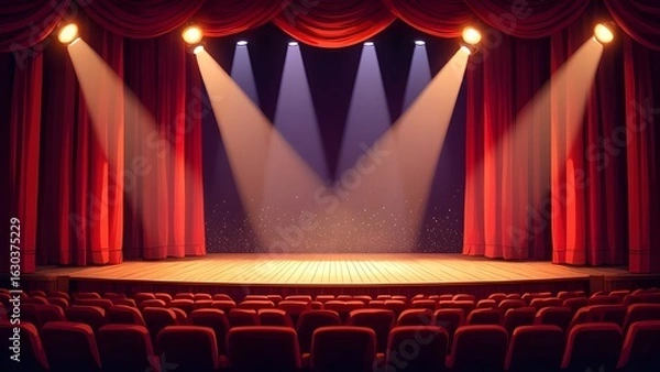 Obraz Empty Theater Stage: Red Curtains, Spotlights, and Rows of Seats, Dramatic Lighting, Anticipation Mood