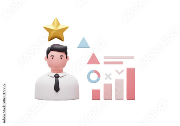 Fototapeta Isolated 3D Businessman with Performance Charts and Gold Star for Business Success