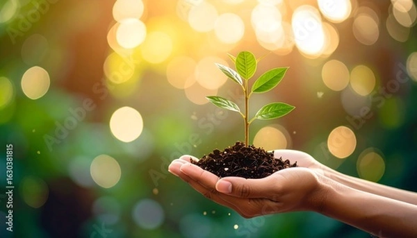 Fototapeta Hands holding a young plant with soil against a blurred bokeh background