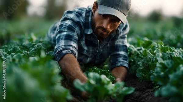 Fototapeta Farmer using sustainable agriculture techniques in an organic field