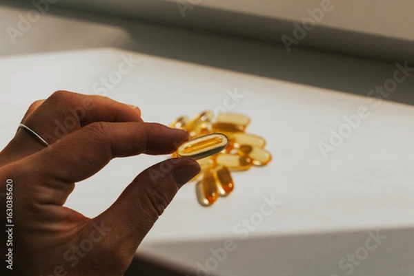 Fototapeta Woman's hand holds omega-3 in the sun's rays. Natural fish oil close-up