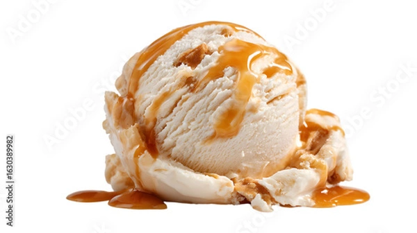 Obraz Indulgent scoop of vanilla ice cream drizzled with rich caramel sauce and crunchy cookie pieces Isolated on white background