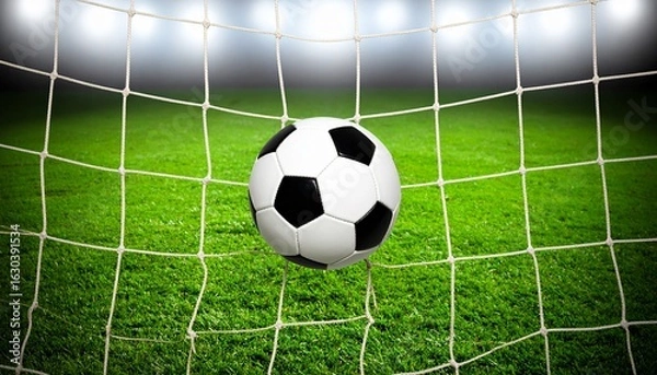 Fototapeta High-resolution image of a soccer ball perfectly in the goal net, set against a vibrant green field with clean, soft shadows, capturing the essence of triumph in sport.