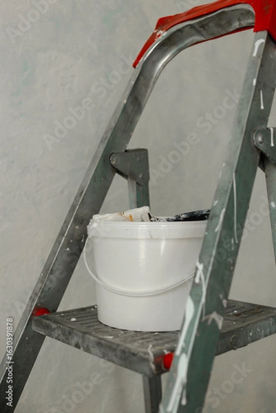 Fototapeta Plastic jar with white wall paint on a stepladder. Process of painting walls in a room