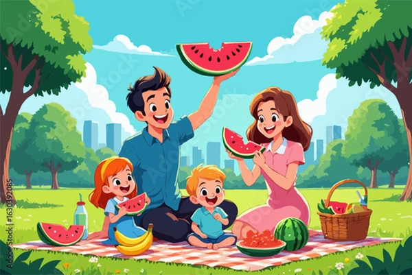 Obraz Happy Family Summer Picnic: Cartoon Style Illustration of Parents and Children Enjoying Watermelon in a Park