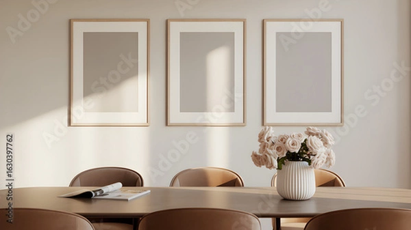 Fototapeta Elegant dining room interior with three framed artworks, a wooden table, brown chairs, and a vase of roses in a minimalist and modern home decor setting