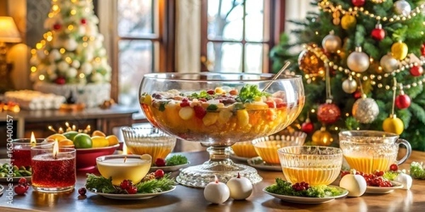 Fototapeta Festive christmas punch bowl with fruit and decorations on a table, creating a warm and inviting atmosphere for holiday celebrations and gatherings