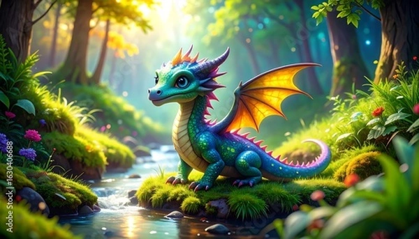 Obraz Cute dragon in a vibrant forest