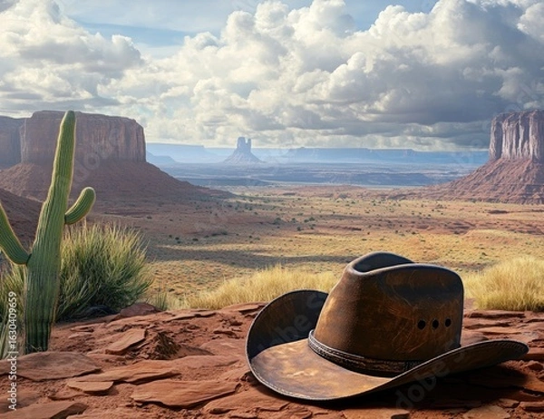Fototapeta A weathered cowboy hat rests on red rocks overlooking Monument Valley's vast expanse under a cloudy sky.