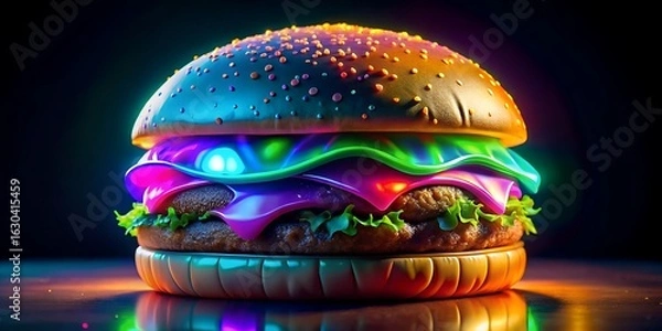 Fototapeta A vibrant and colorful neon burger with glowing ingredients, a modern and artistic take on the classic fast food, a delicious and visually appealing meal