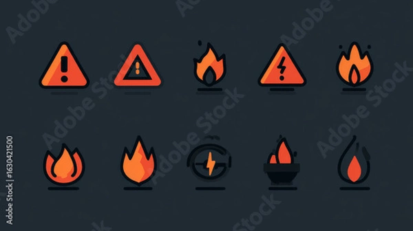 Fototapeta Fire illustration in flat style, set of fire vector icons. fire warning sign
