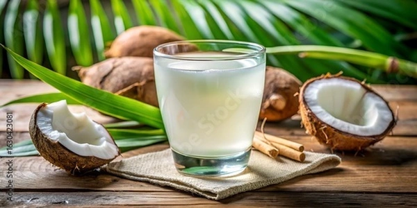 Fototapeta Refreshing coconut water in a glass with coconut halves and cinnamon sticks on a wooden table, a healthy and tropical summer drink