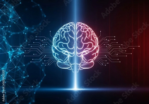 Obraz Digital brain split into blue and red halves with glowing lines and connected nodes