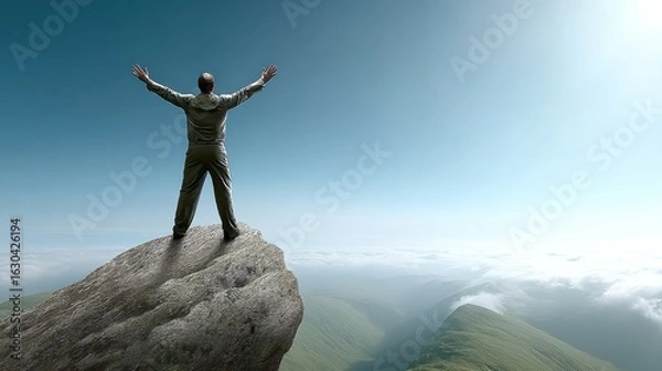 Fototapeta A man stands on a rocky mountain peak with arms outstretched towards the sky