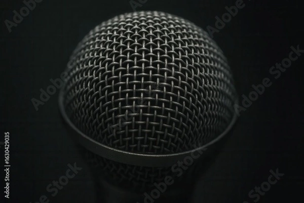 Fototapeta A close-up of a metallic microphone with a dark background, highlighting its intricate mesh pattern