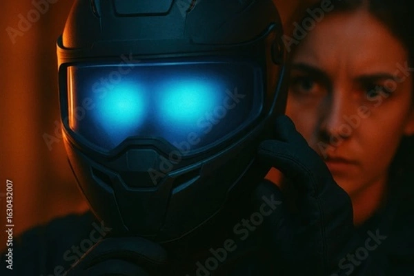 Fototapeta Amidst the glow of blue lights, a solitary figure stands in stark contrast against an orange backdrop, embodying the essence of futuristic warfare and human resilience