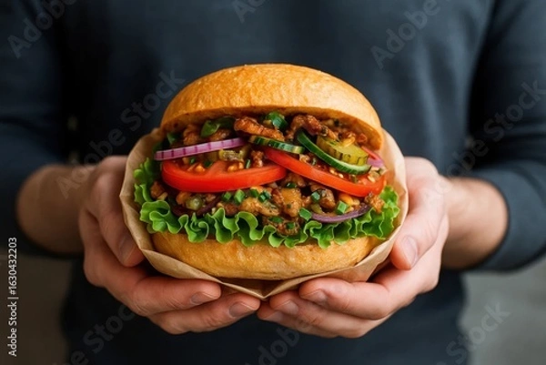 Fototapeta Indulge in the freshness of nature with this delicious vegan burger, packed with a variety of vibrant vegetables and a hearty bean patty