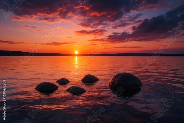 Fototapeta A Sunset Over a Serene Lake with Reflective Rocks