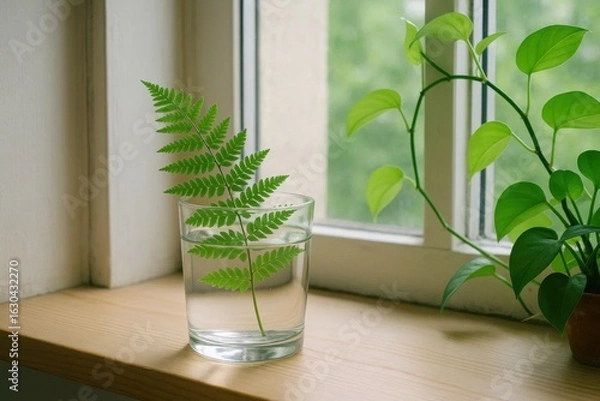 Fototapeta A Fern Leaf in a Glass Vase on a Window Sill