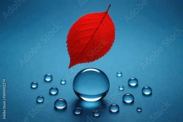 Fototapeta A Red Leaf Rests on a Glistening Water Droplet in a Blue Abyss
