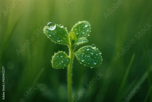 Fototapeta A lush green leaf glistening with dew droplets in a verdant field