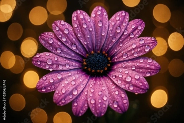 Fototapeta Amidst a backdrop of bokeh lights, a single purple daisy stands out with its dew-kissed petals, capturing the essence of tranquility and natural beauty