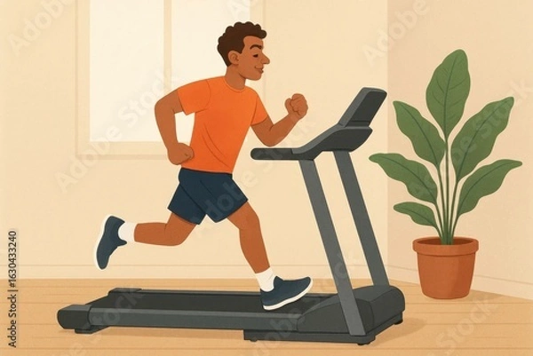 Fototapeta A man in an orange shirt and blue shorts runs on a treadmill in his home gym, surrounded by the calming presence of a potted plant