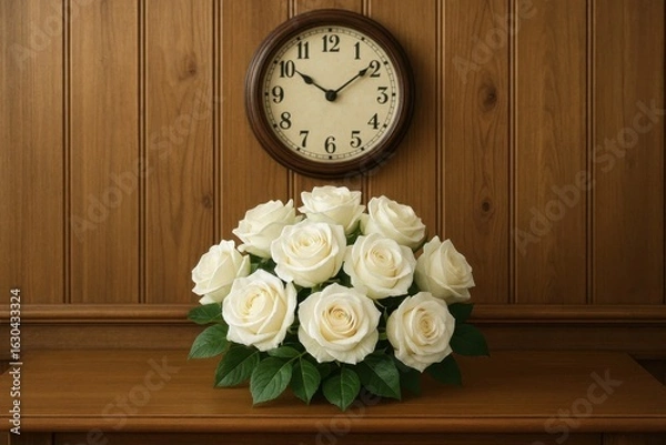 Fototapeta A Vase of White Roses on a Wooden Shelf with an Old-Fashioned Clock
