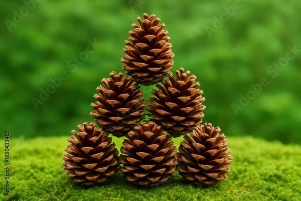 Fototapeta A Pinecone Pyramid on a Green Canvas