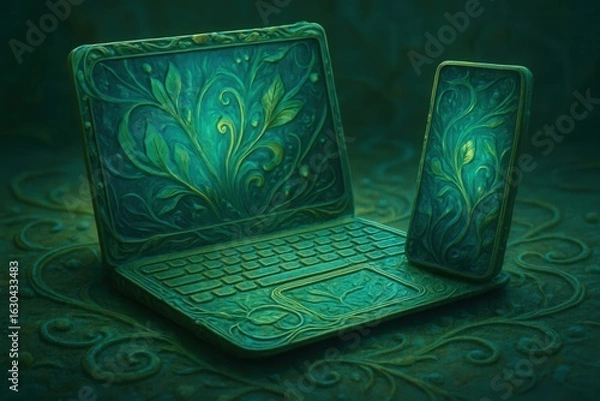 Fototapeta An intricately designed laptop with a matching smartphone resting on a dark, ornate surface, both adorned with green floral patterns