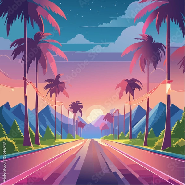 Fototapeta An empty road stretches towards a glowing sunset, flanked by silhouetted palm trees and mountains in a retro aesthetic.
