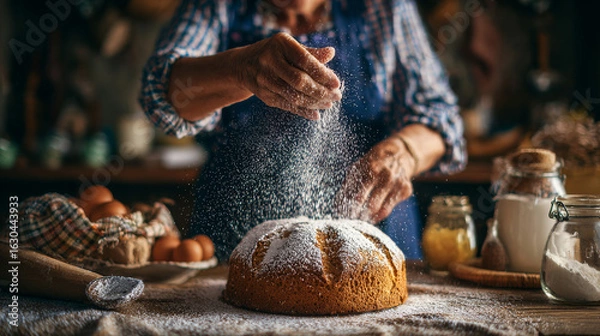 Obraz Female hands sprinkles Easter cake with icing sugar through sieve. Anonymous woman making traditional easter cake or sweet bread with topping. Easter treat.