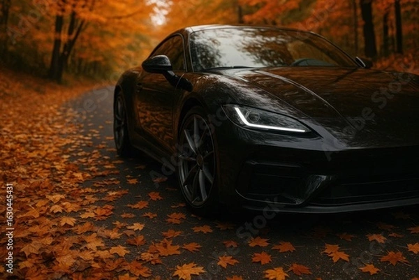 Fototapeta A Black Sports Car on a Leaf-Strewn Road