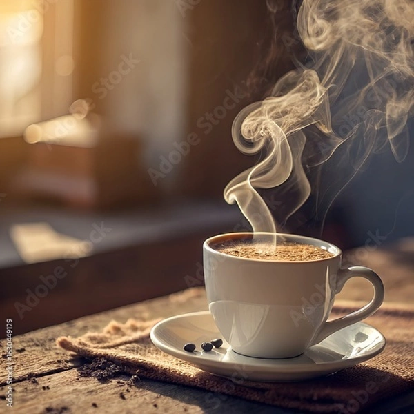 Fototapeta Aromatic Steaming Coffee Cup on Rustic Table with Sunlight