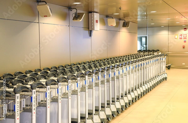 Fototapeta Row of airport trolleys get ready to serve passengers at Airport terminal.