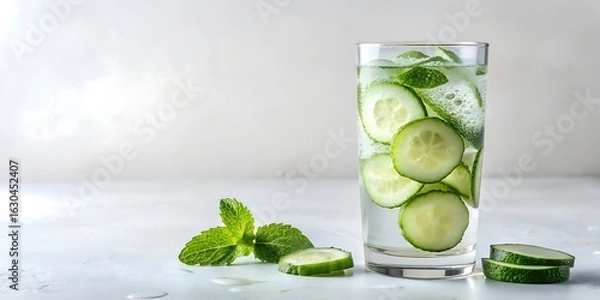 Fototapeta Refreshing cucumber and mint infused water in a glass on a white table, a healthy and hydrating detox drink for a wellness lifestyle