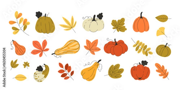 Fototapeta Large Autumn Elements Set with Multicolored Leaves and Cute Pumpkins Flat Style Fall Harvest Thanksgiving Vector Illustrations for Seasonal Designs
