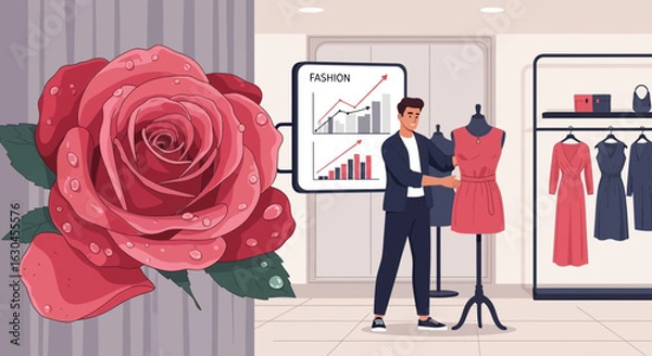 Fototapeta Fashion designer with rising graph of fashion industry and a beautiful rose picture