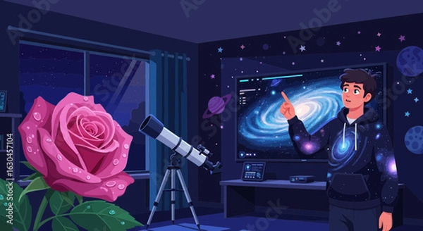 Fototapeta Cartoon illustration of a young man exploring space from his cosmic themed bedroom