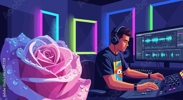 Fototapeta Vibrant Music Production Illustration featuring a DJ, Rose, and Neon Lights creating an energetic