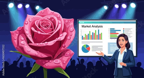 Fototapeta Market Analysis Presentation with Rose Accent on Stage Illustration concept