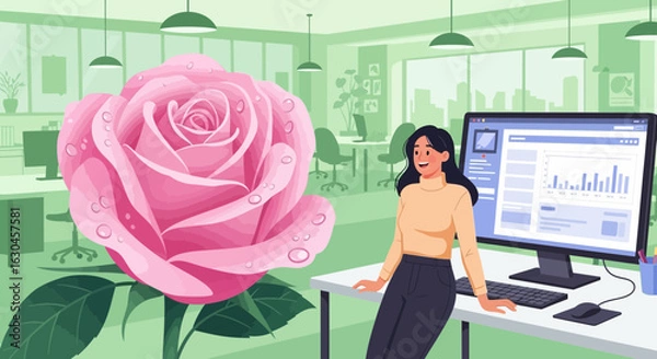 Fototapeta A young woman with a beautiful rose in a modern office setting vector illustration