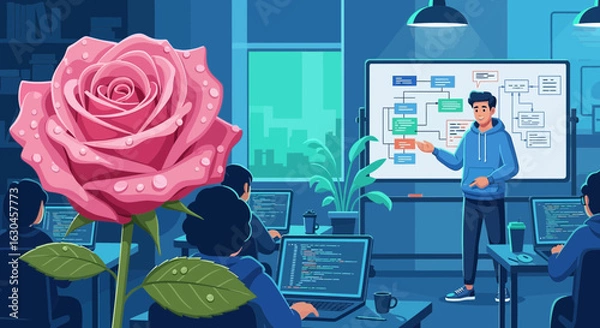 Fototapeta Rose's bloom amidst a tech class, symbolizing growth in a digital world and creative coding