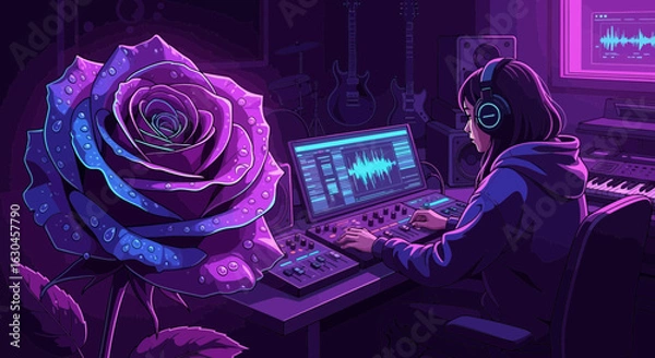 Fototapeta Purple Hues: A Musician's Nighttime Studio Session Amidst Cyberpunk Aesthetics